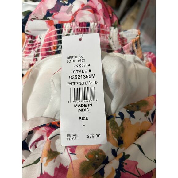 Sam And Jess NWT Tiered Mini Dress Size L White Pink Peach Smocked Sleeveless - Picture 8 of 8